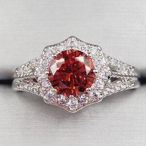 Red Ruby Simulant & Diamond Simulants Rhodium Plated Silver Tone Halo Ring